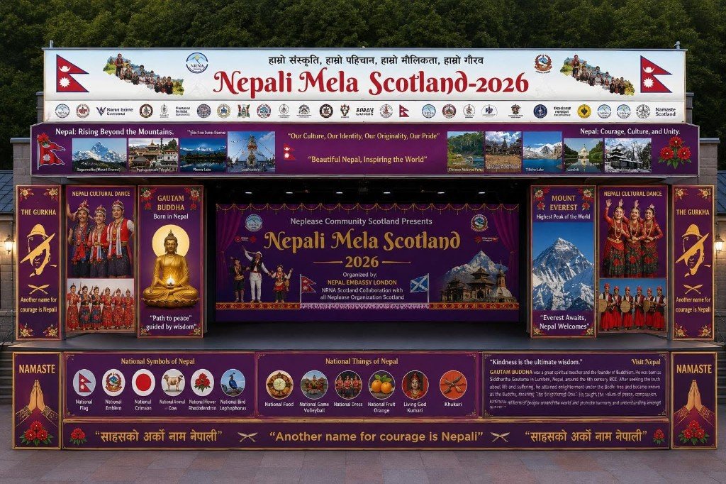 Nepali Mela Scotland 2026 stage showing organisers Nepal Embassy London and NRNA Scotland